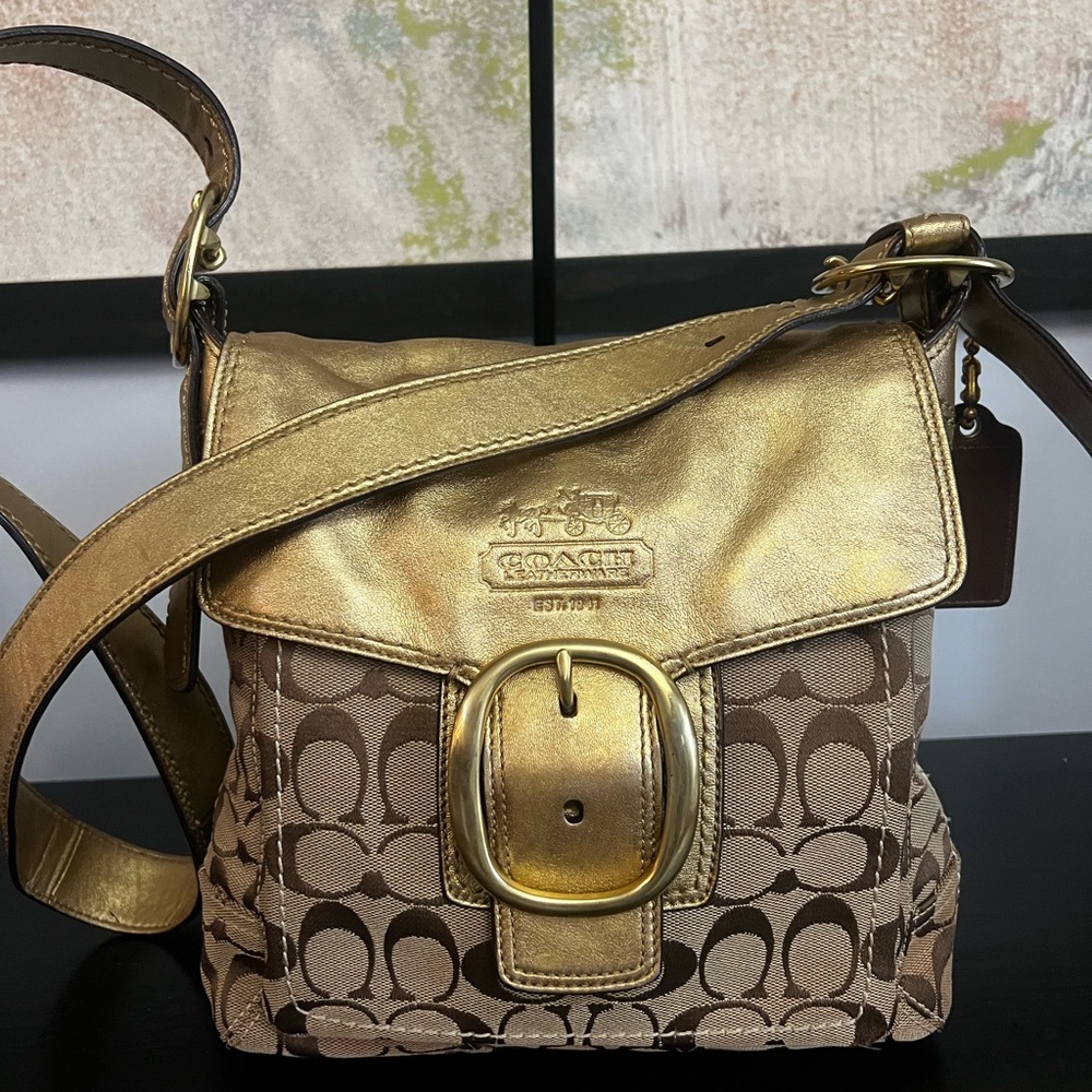 Coach Bleeker Signature Buckle Flap Gold Metallic and Brown Signature Bag - Picture 15 of 15